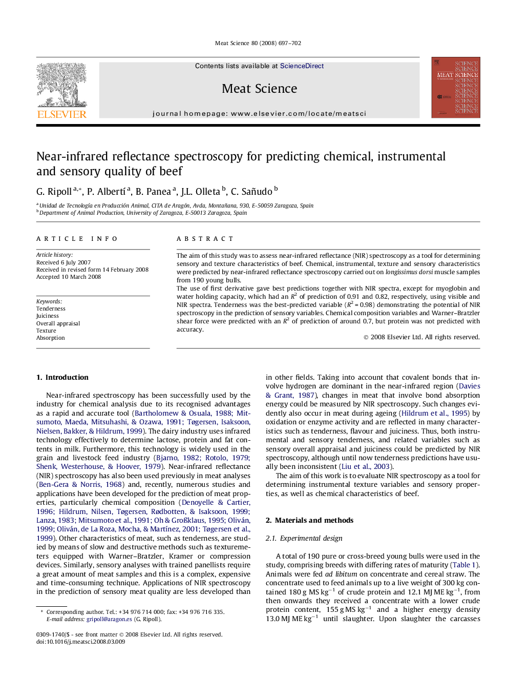 Near-infrared reflectance spectroscopy for predicting chemical, instrumental and sensory quality of beef