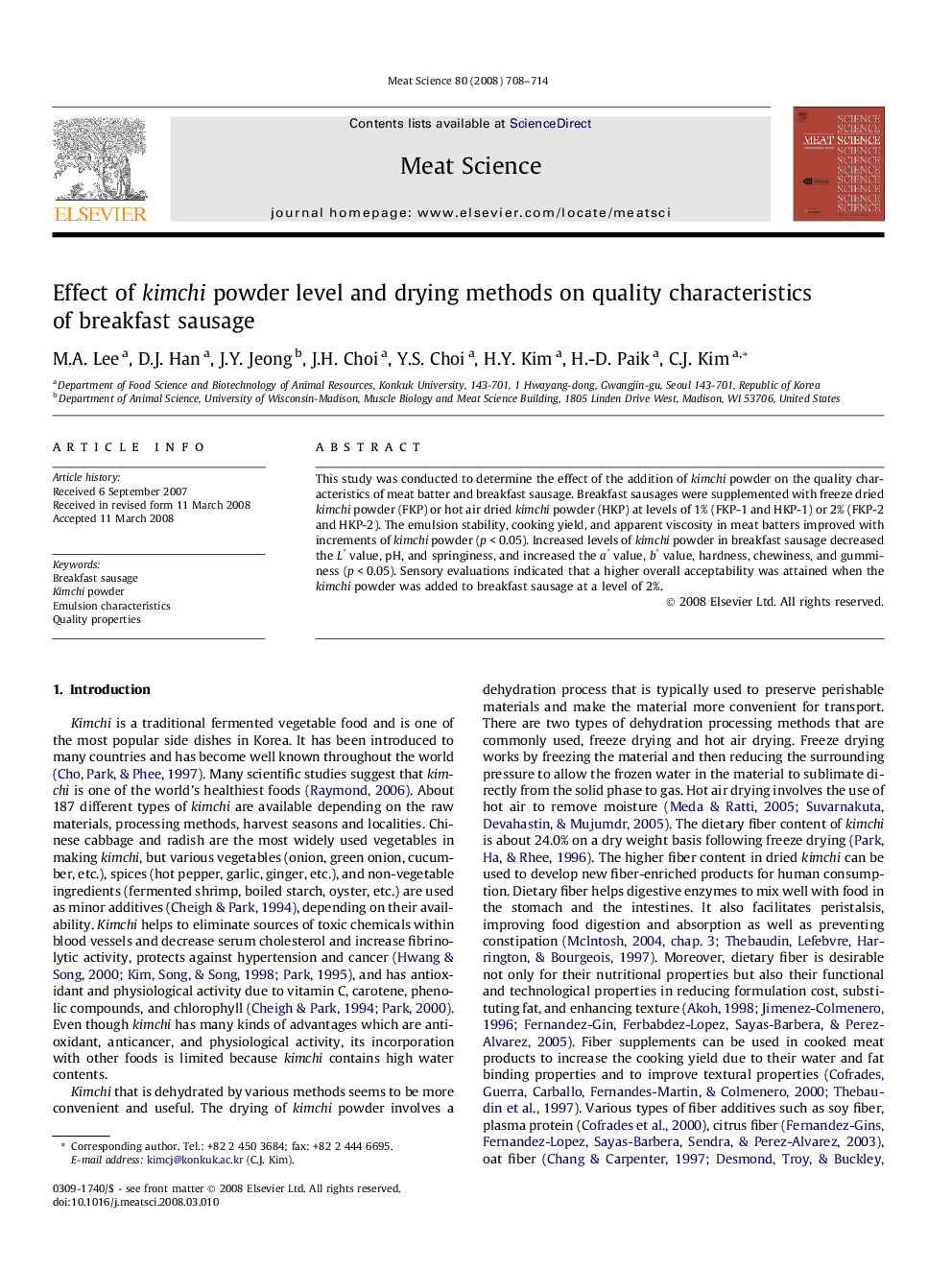 Effect of kimchi powder level and drying methods on quality characteristics of breakfast sausage