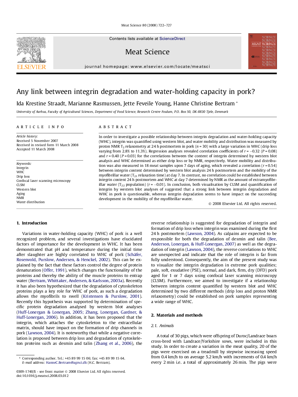 Any link between integrin degradation and water-holding capacity in pork?