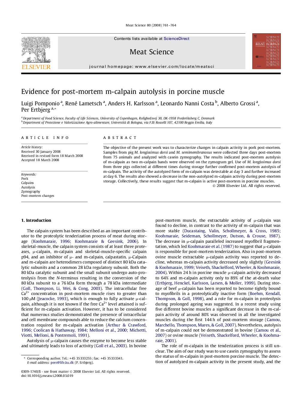 Evidence for post-mortem m-calpain autolysis in porcine muscle