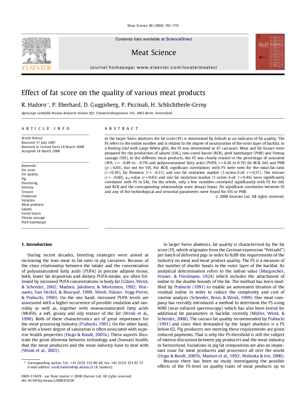 Effect of fat score on the quality of various meat products