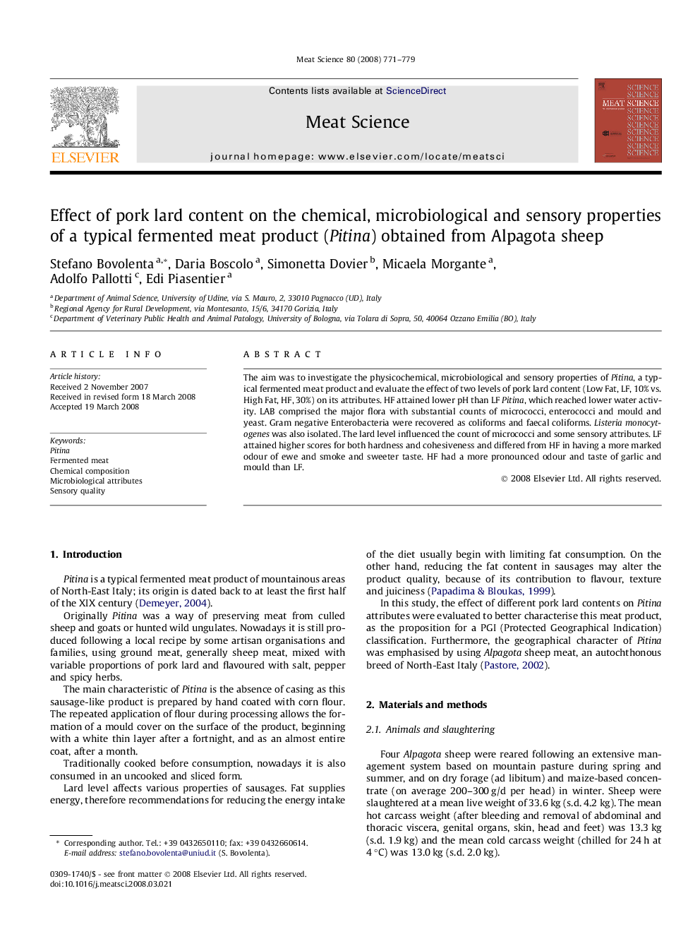 Effect of pork lard content on the chemical, microbiological and sensory properties of a typical fermented meat product (Pitina) obtained from Alpagota sheep