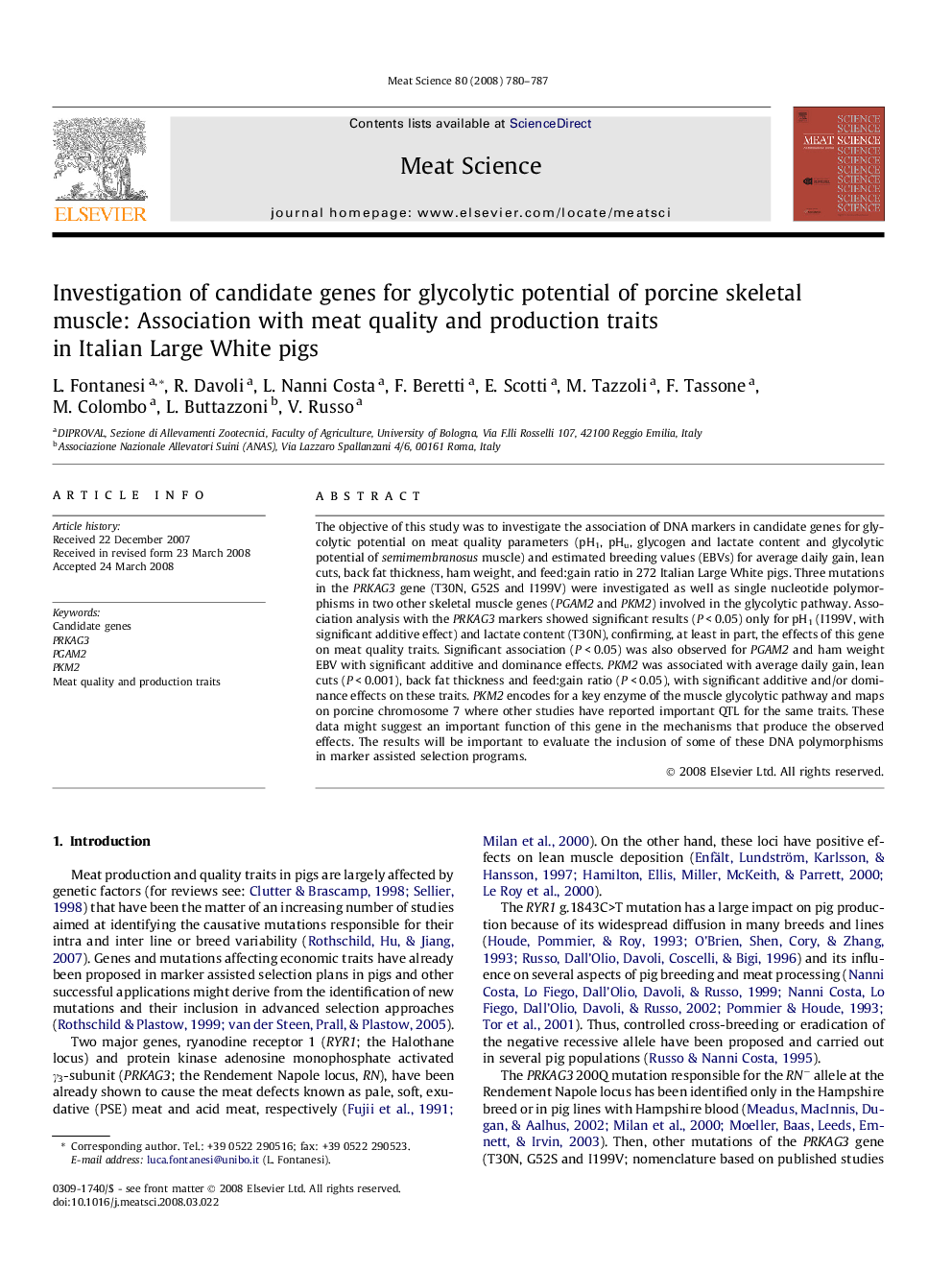 Investigation of candidate genes for glycolytic potential of porcine skeletal muscle: Association with meat quality and production traits in Italian Large White pigs