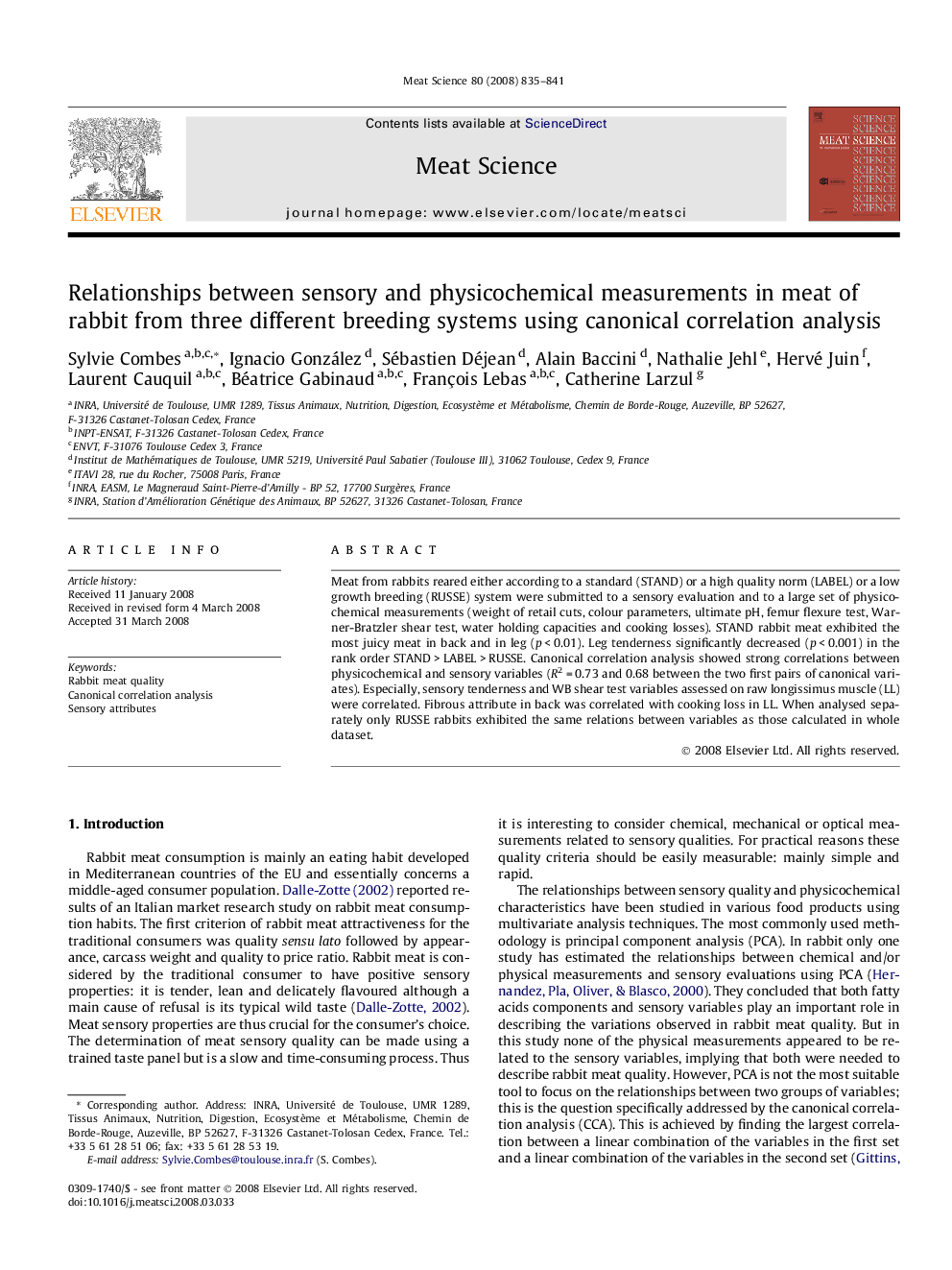 Relationships between sensory and physicochemical measurements in meat of rabbit from three different breeding systems using canonical correlation analysis