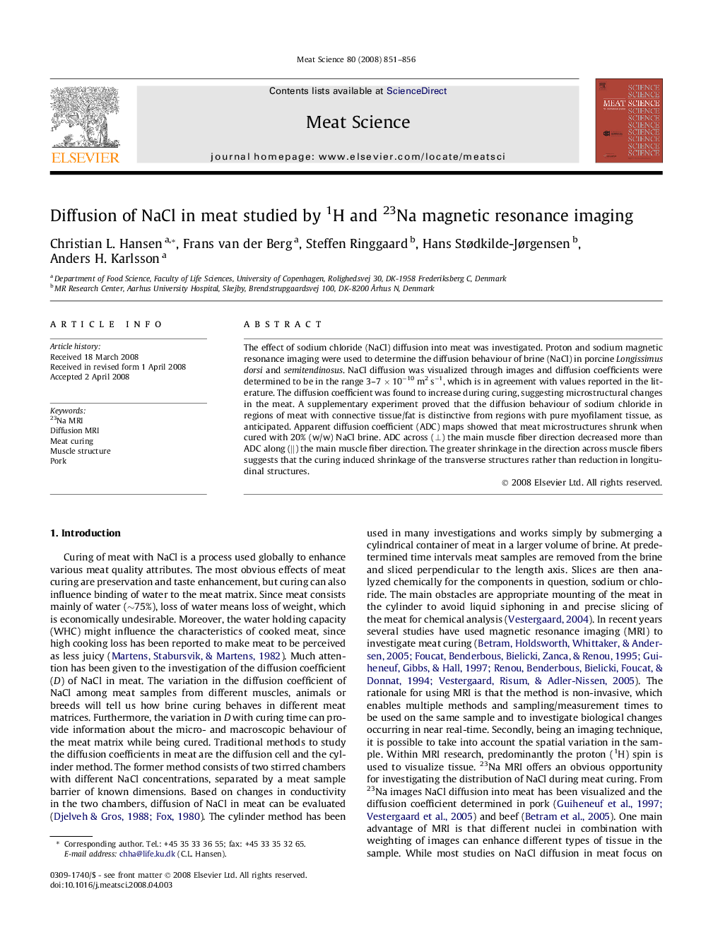 Diffusion of NaCl in meat studied by 1H and 23Na magnetic resonance imaging