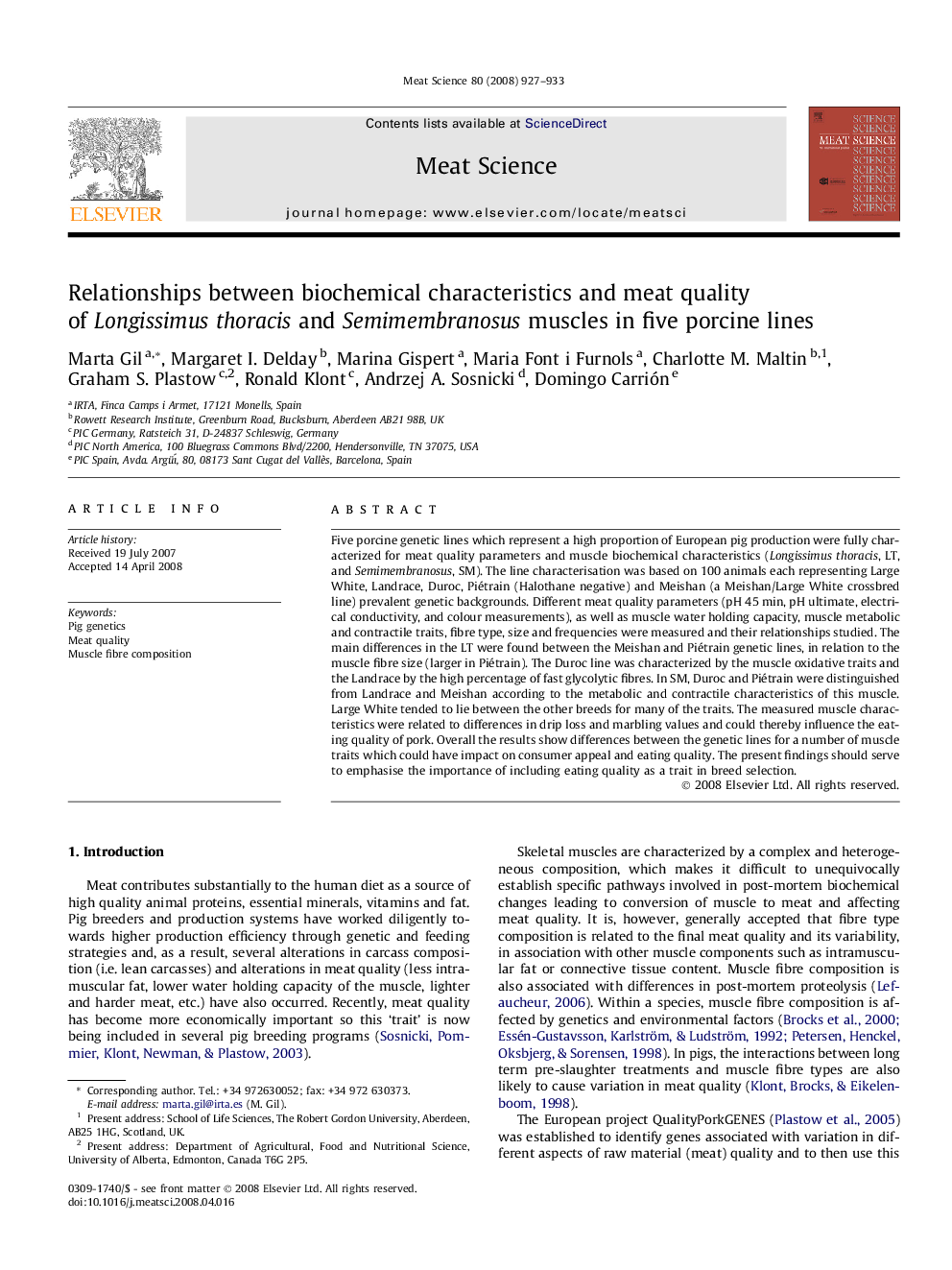 Relationships between biochemical characteristics and meat quality of Longissimus thoracis and Semimembranosus muscles in five porcine lines