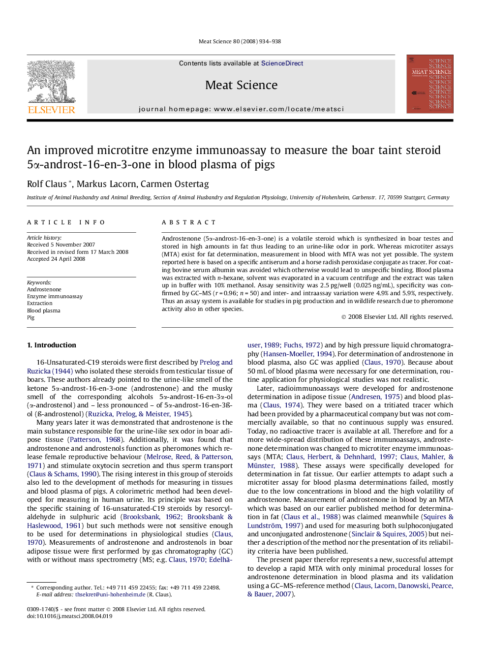 An improved microtitre enzyme immunoassay to measure the boar taint steroid 5α-androst-16-en-3-one in blood plasma of pigs