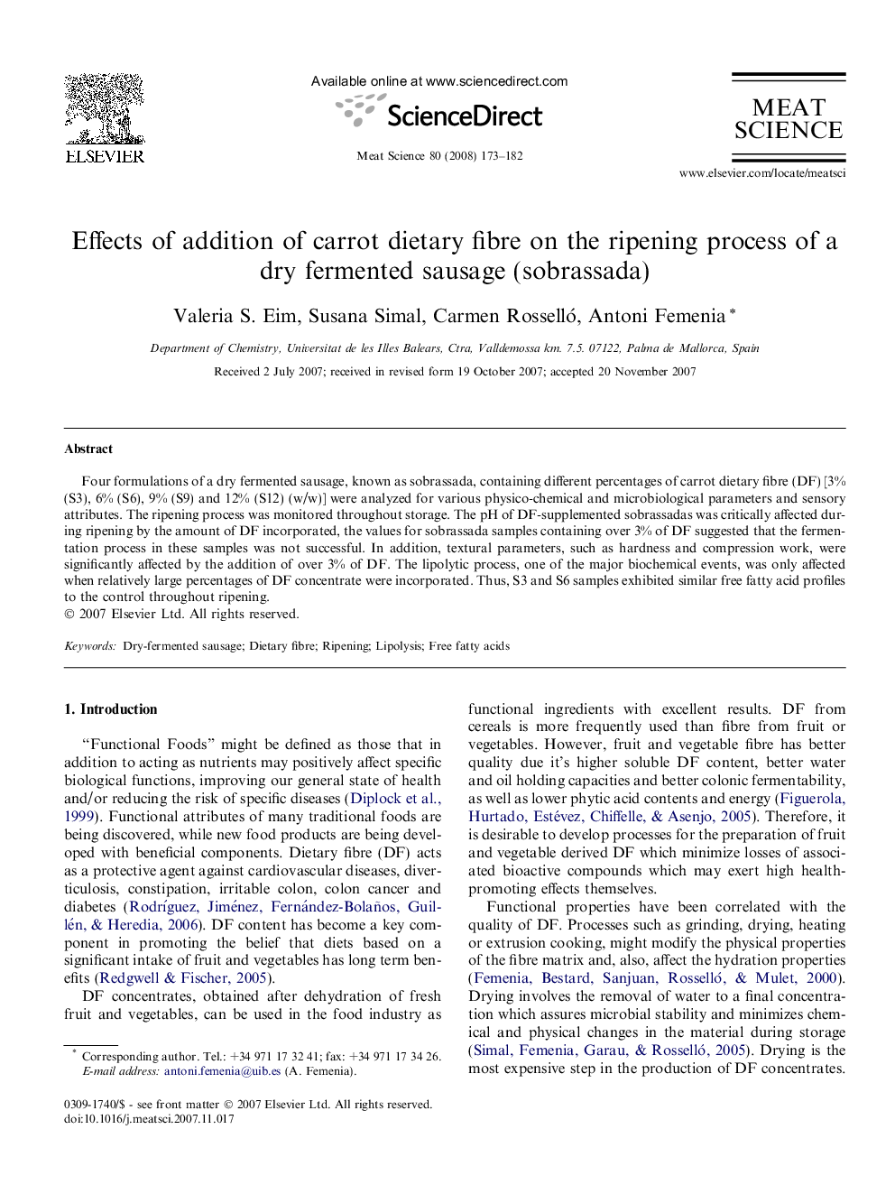 Effects of addition of carrot dietary fibre on the ripening process of a dry fermented sausage (sobrassada)