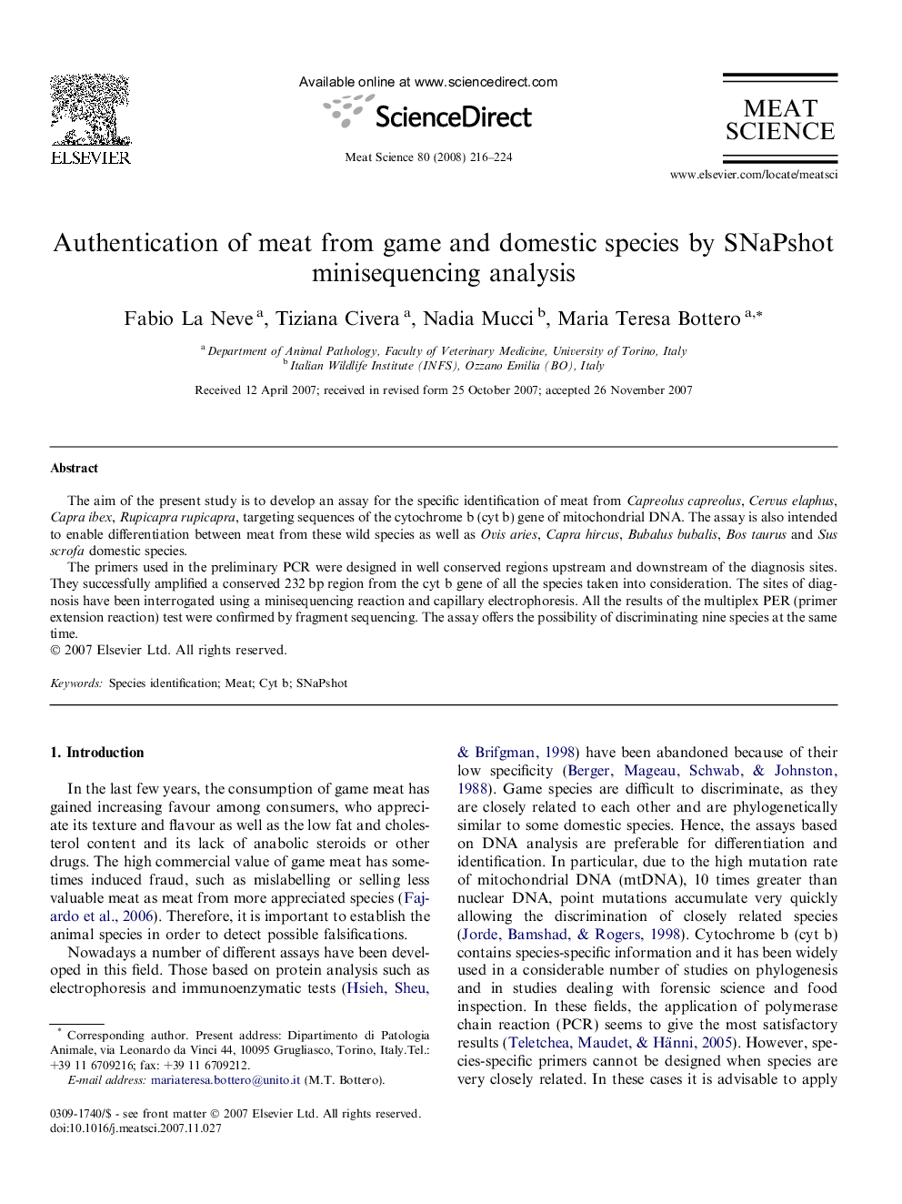 Authentication of meat from game and domestic species by SNaPshot minisequencing analysis