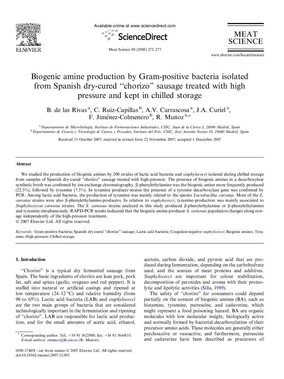 Biogenic amine production by Gram-positive bacteria isolated from Spanish dry-cured “chorizo” sausage treated with high pressure and kept in chilled storage