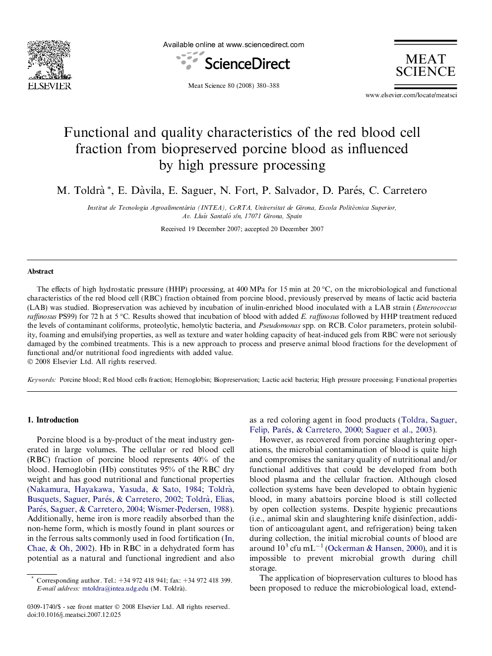 Functional and quality characteristics of the red blood cell fraction from biopreserved porcine blood as influenced by high pressure processing