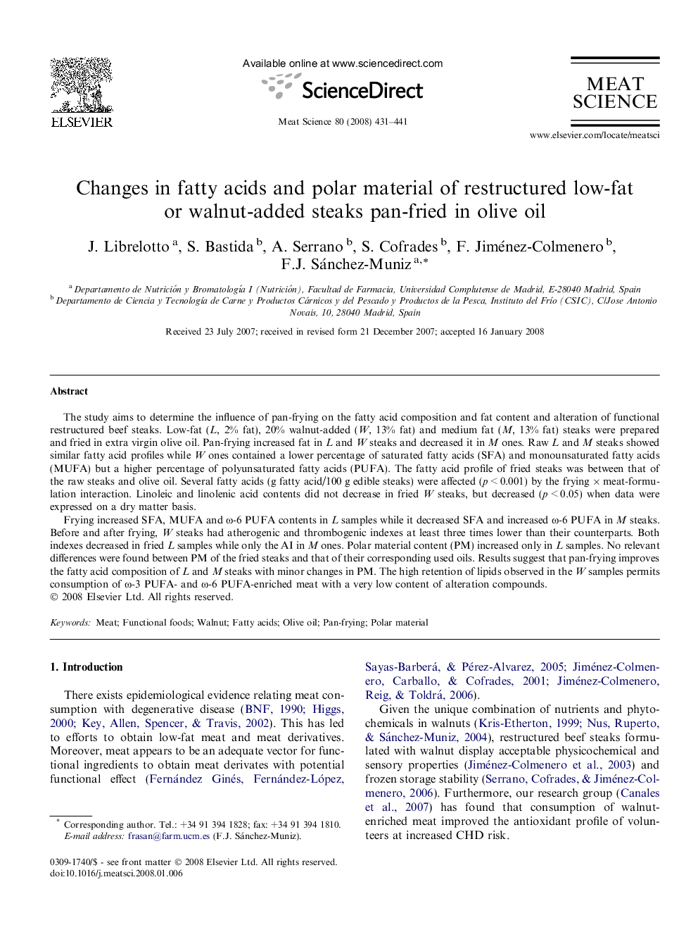 Changes in fatty acids and polar material of restructured low-fat or walnut-added steaks pan-fried in olive oil