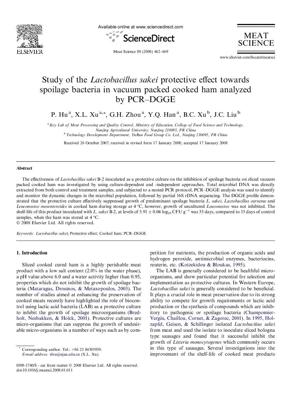 Study of the Lactobacillus sakei protective effect towards spoilage bacteria in vacuum packed cooked ham analyzed by PCR–DGGE