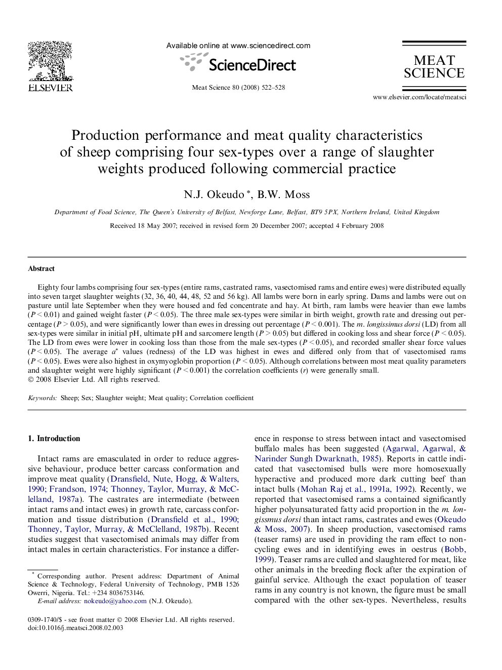 Production performance and meat quality characteristics of sheep comprising four sex-types over a range of slaughter weights produced following commercial practice