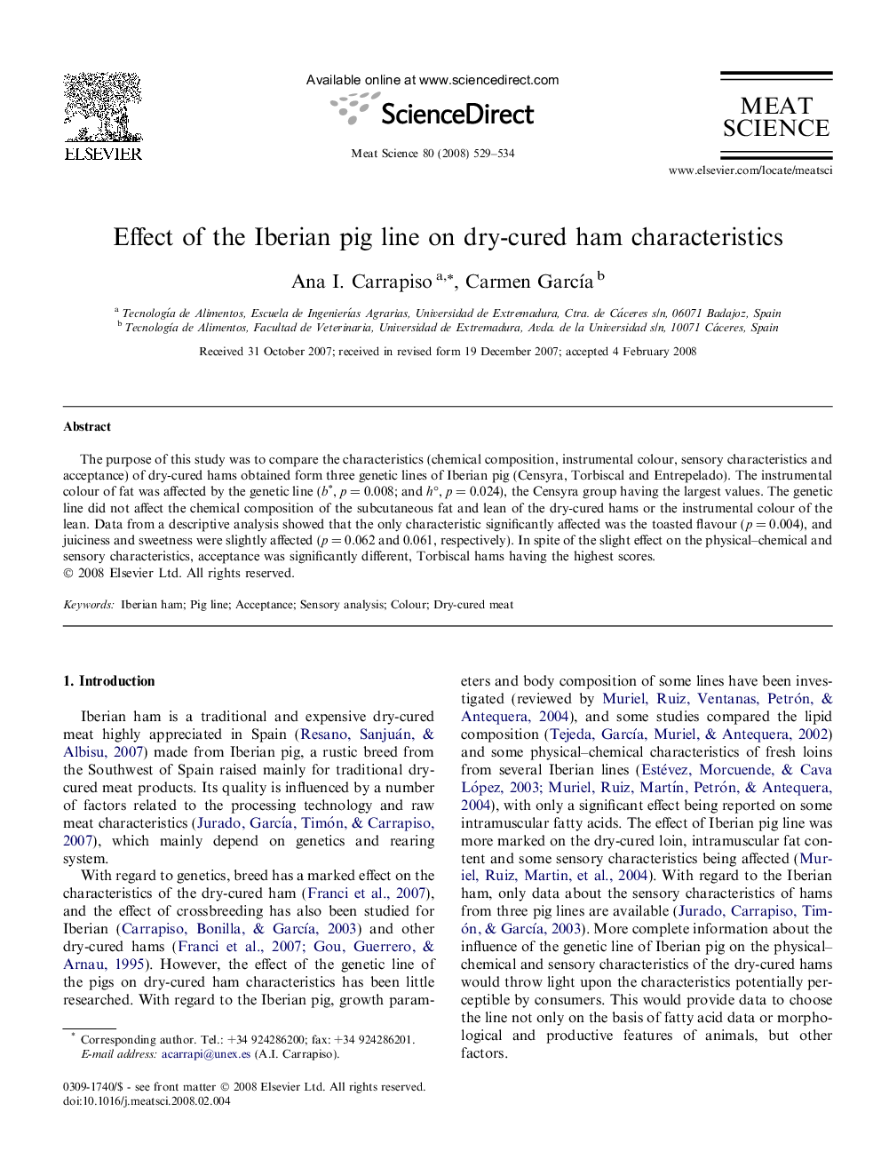 Effect of the Iberian pig line on dry-cured ham characteristics