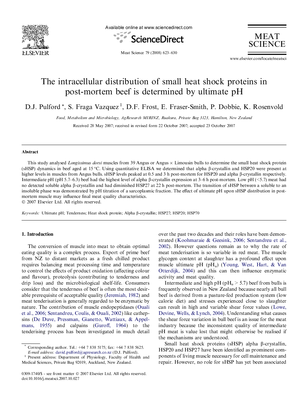 The intracellular distribution of small heat shock proteins in post-mortem beef is determined by ultimate pH