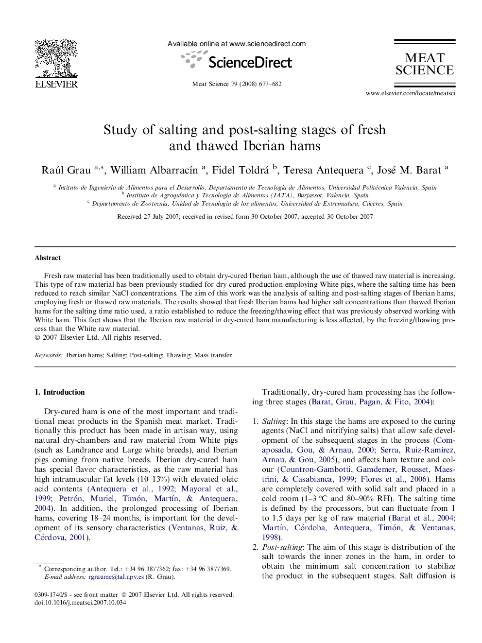 Study of salting and post-salting stages of fresh and thawed Iberian hams