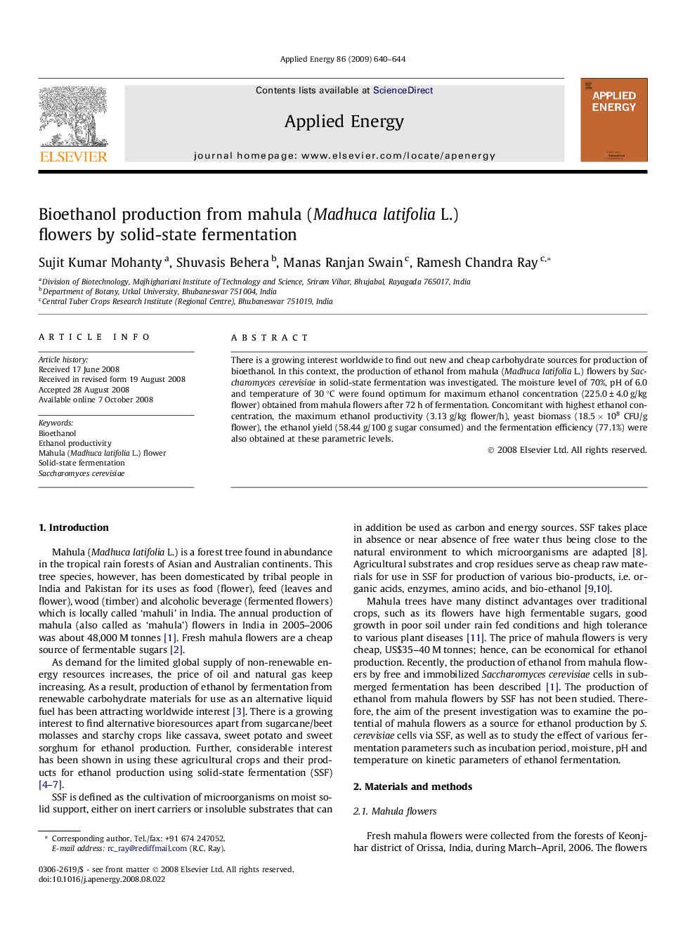 Bioethanol production from mahula (Madhuca latifolia L.) flowers by solid-state fermentation