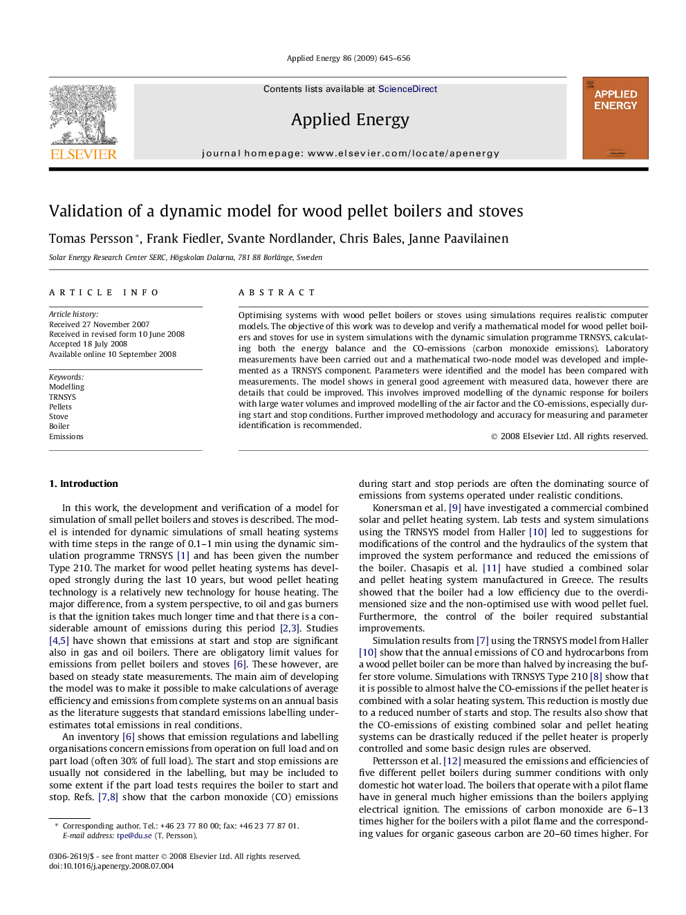 Validation of a dynamic model for wood pellet boilers and stoves