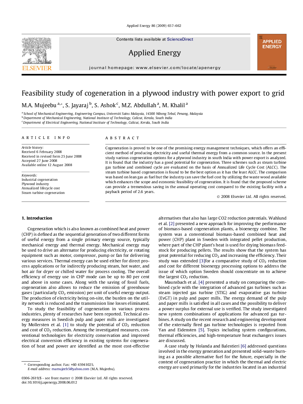 Feasibility study of cogeneration in a plywood industry with power export to grid