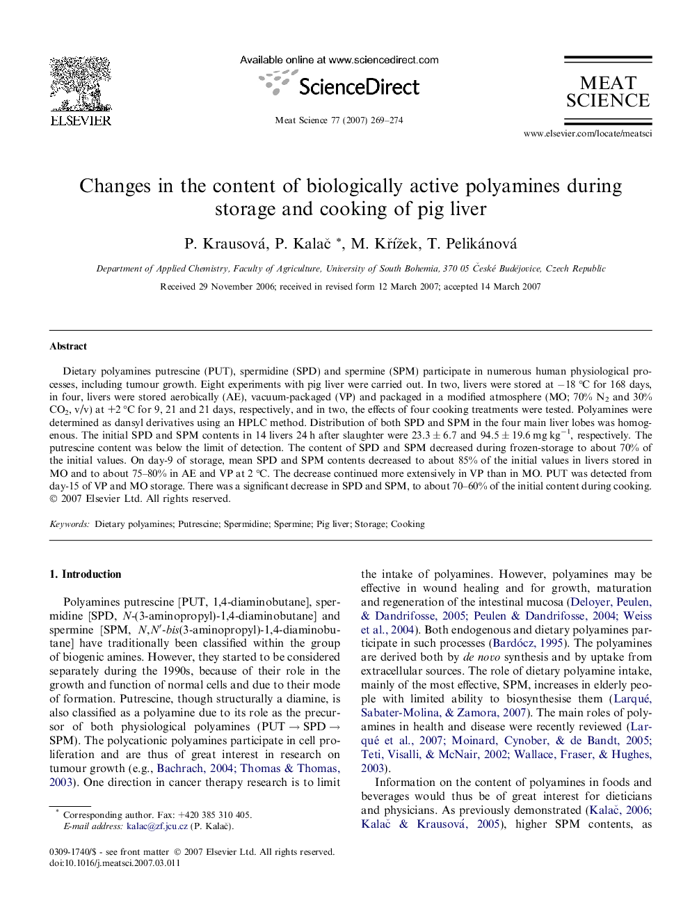 Changes in the content of biologically active polyamines during storage and cooking of pig liver