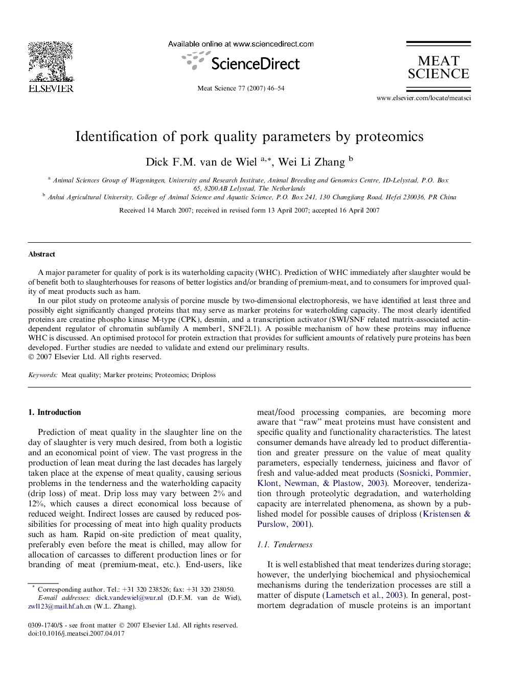 Identification of pork quality parameters by proteomics