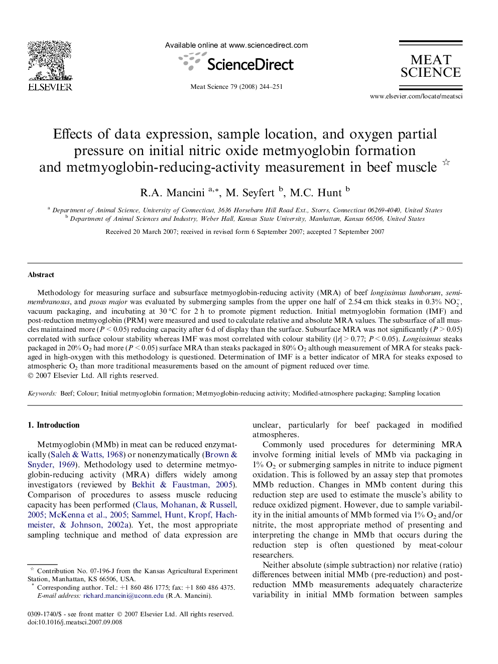 Effects of data expression, sample location, and oxygen partial pressure on initial nitric oxide metmyoglobin formation and metmyoglobin-reducing-activity measurement in beef muscle 