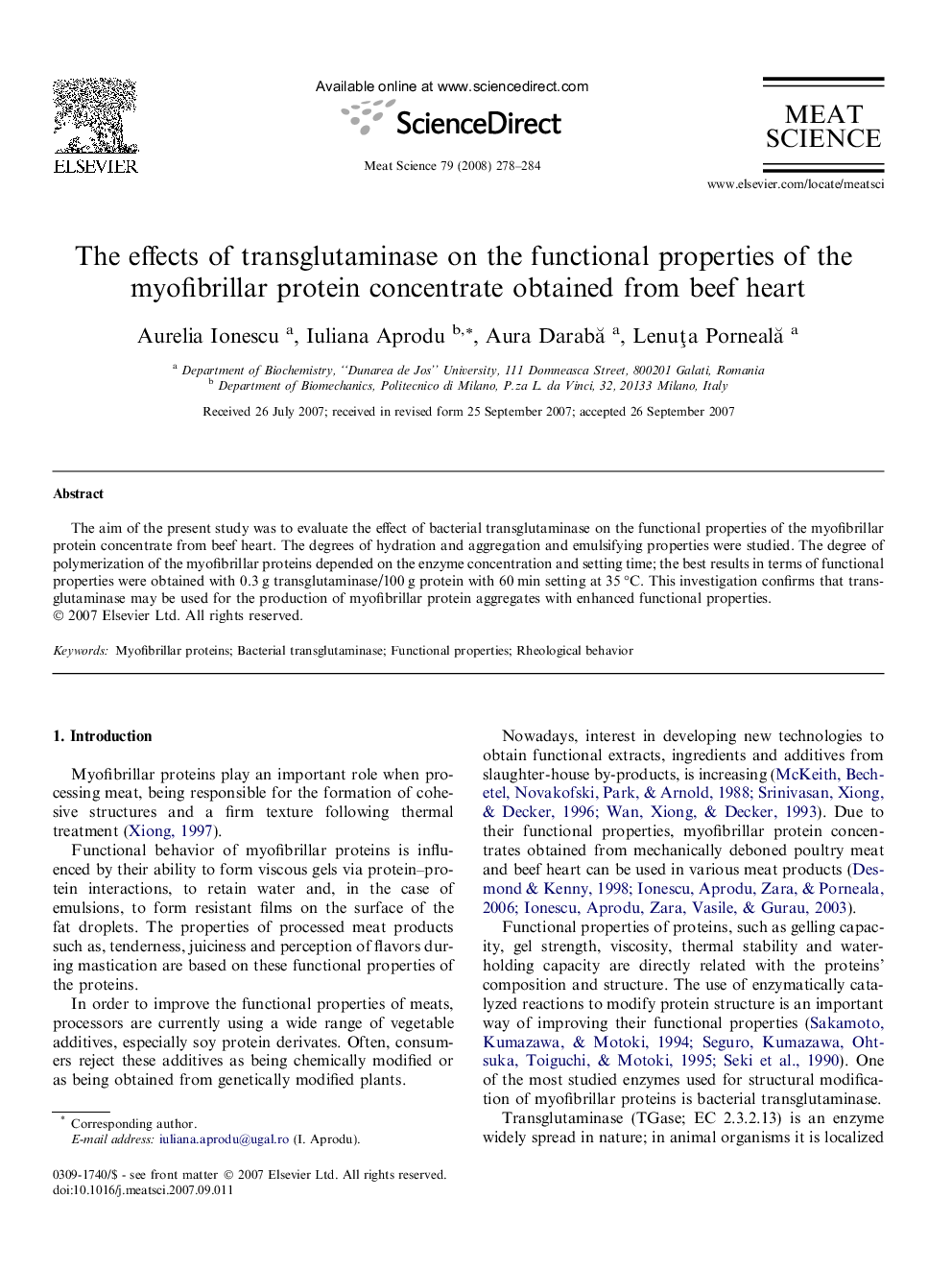 The effects of transglutaminase on the functional properties of the myofibrillar protein concentrate obtained from beef heart