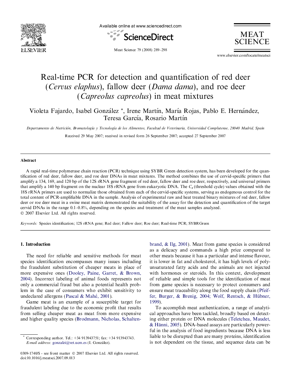 Real-time PCR for detection and quantification of red deer (Cervus elaphus), fallow deer (Dama dama), and roe deer (Capreolus capreolus) in meat mixtures