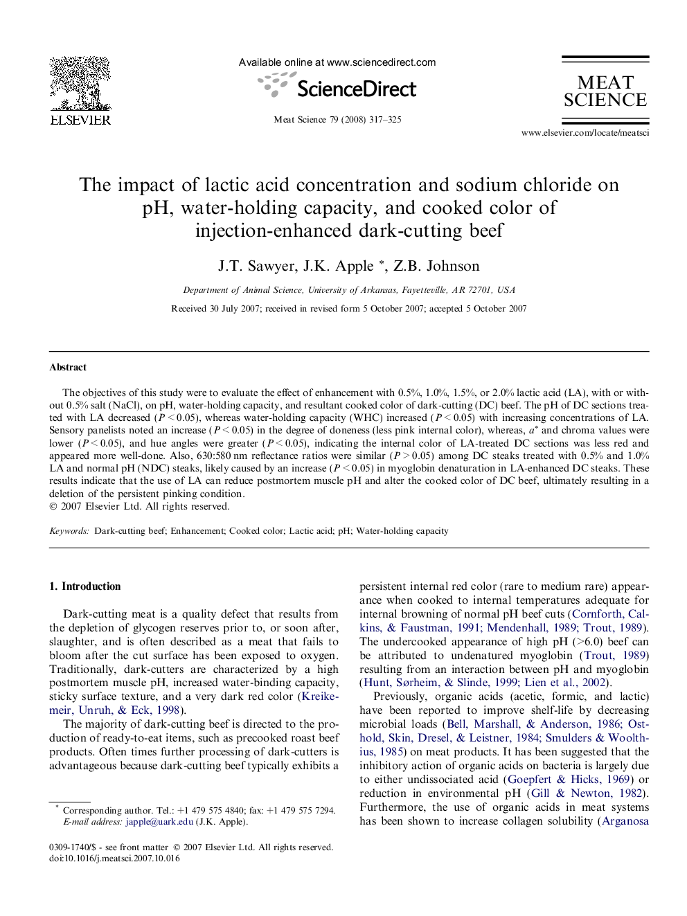 The impact of lactic acid concentration and sodium chloride on pH, water-holding capacity, and cooked color of injection-enhanced dark-cutting beef