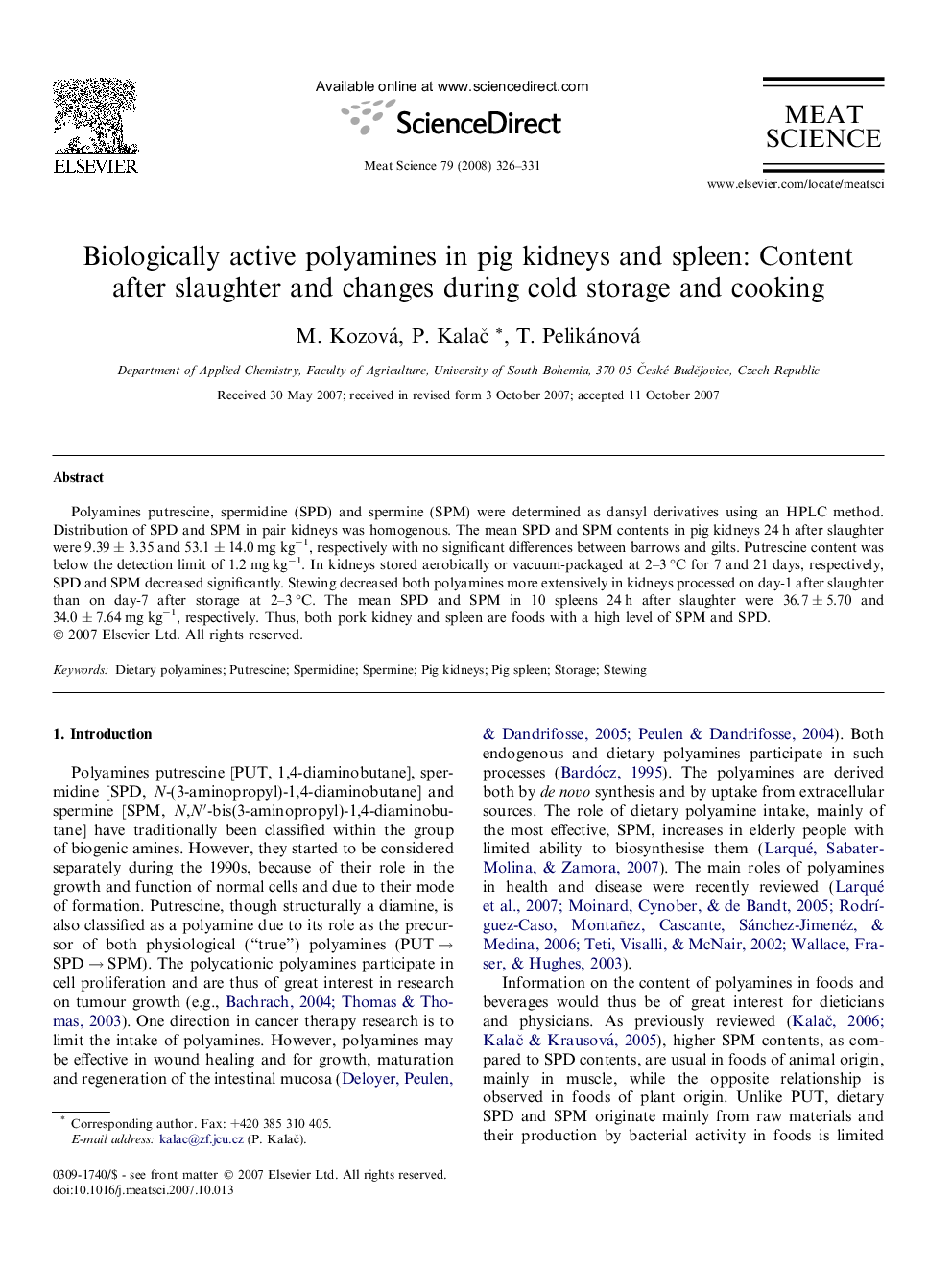 Biologically active polyamines in pig kidneys and spleen: Content after slaughter and changes during cold storage and cooking