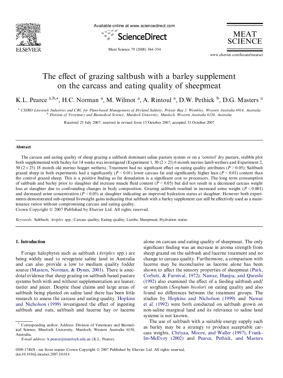 The effect of grazing saltbush with a barley supplement on the carcass and eating quality of sheepmeat