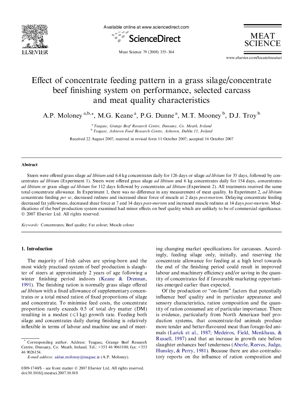 Effect of concentrate feeding pattern in a grass silage/concentrate beef finishing system on performance, selected carcass and meat quality characteristics