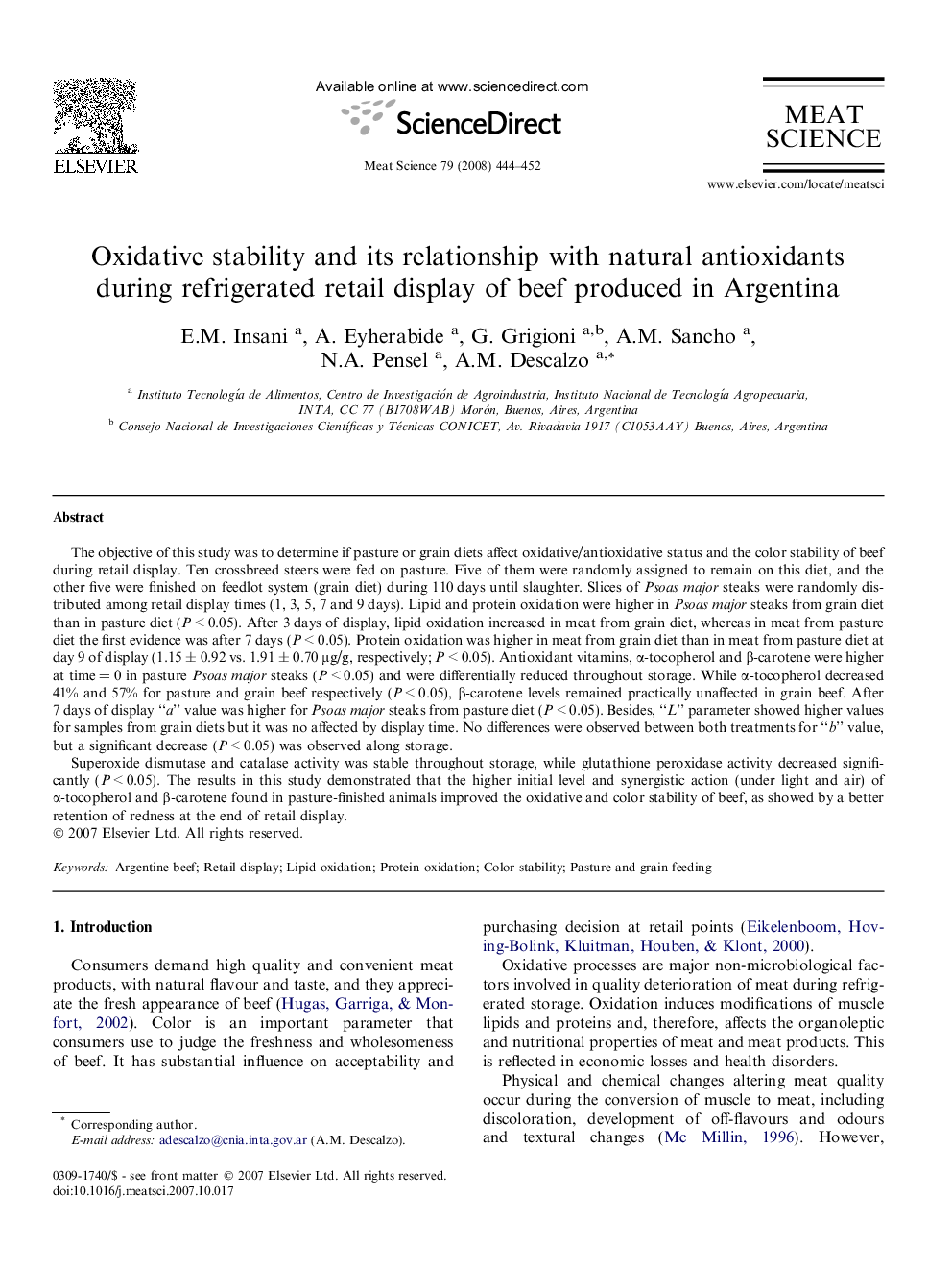 Oxidative stability and its relationship with natural antioxidants during refrigerated retail display of beef produced in Argentina