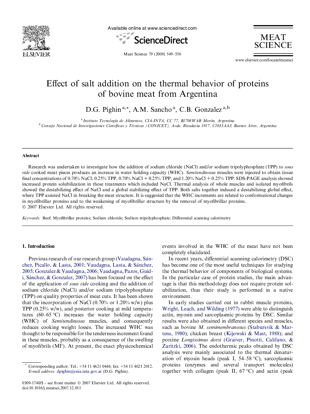 Effect of salt addition on the thermal behavior of proteins of bovine meat from Argentina