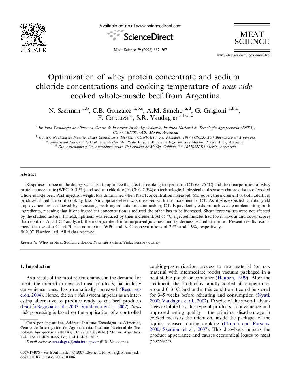 Optimization of whey protein concentrate and sodium chloride concentrations and cooking temperature of sous vide cooked whole-muscle beef from Argentina