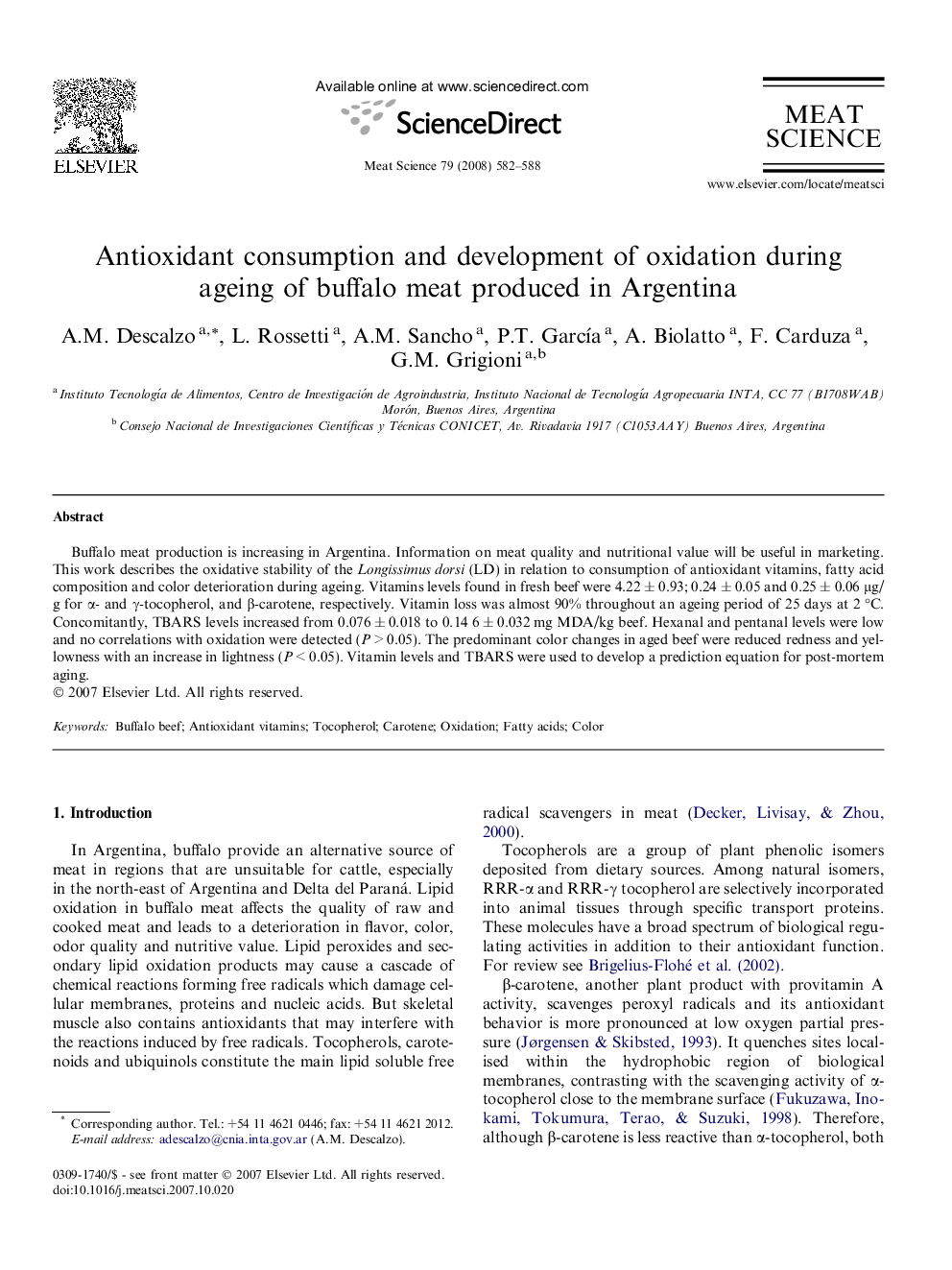 Antioxidant consumption and development of oxidation during ageing of buffalo meat produced in Argentina