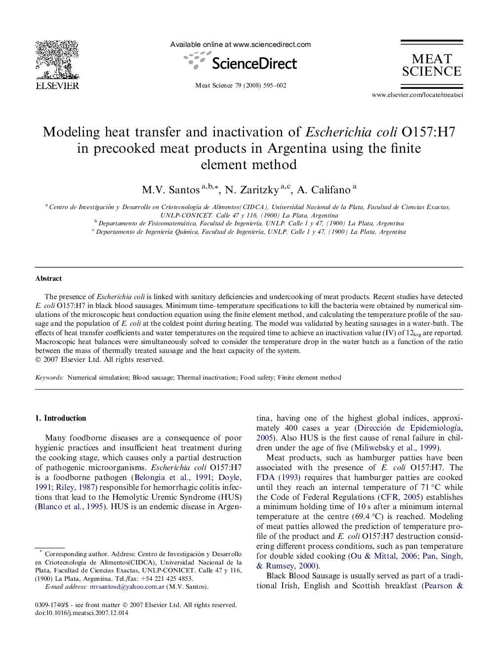 Modeling heat transfer and inactivation of Escherichia coli O157:H7 in precooked meat products in Argentina using the finite element method