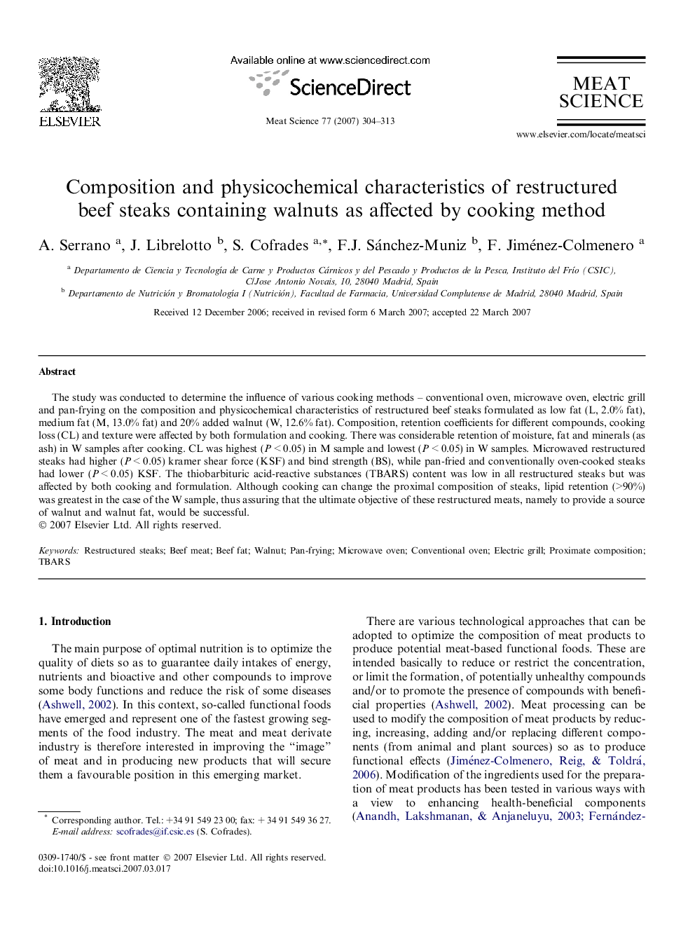 Composition and physicochemical characteristics of restructured beef steaks containing walnuts as affected by cooking method