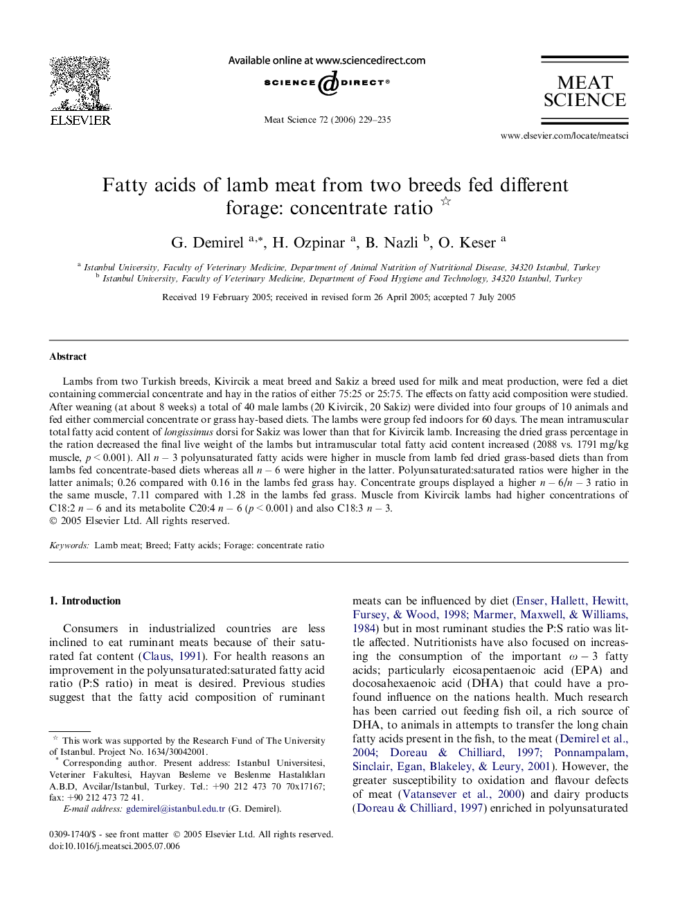 Fatty acids of lamb meat from two breeds fed different forage: concentrate ratio 