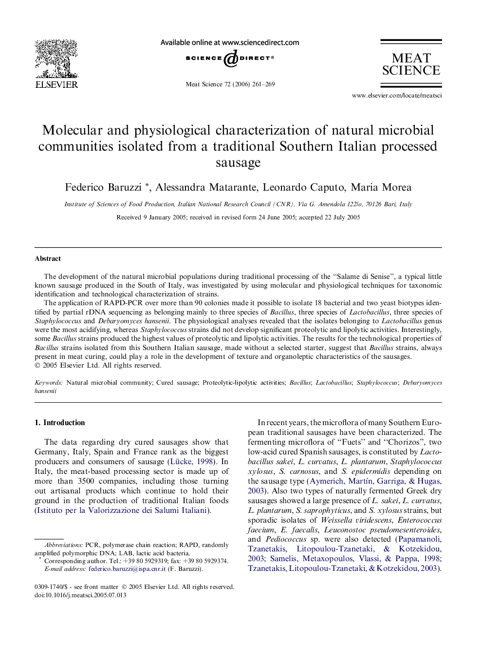 Molecular and physiological characterization of natural microbial communities isolated from a traditional Southern Italian processed sausage