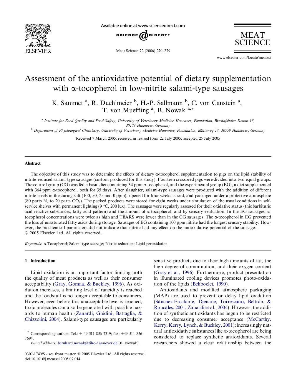 Assessment of the antioxidative potential of dietary supplementation with α-tocopherol in low-nitrite salami-type sausages