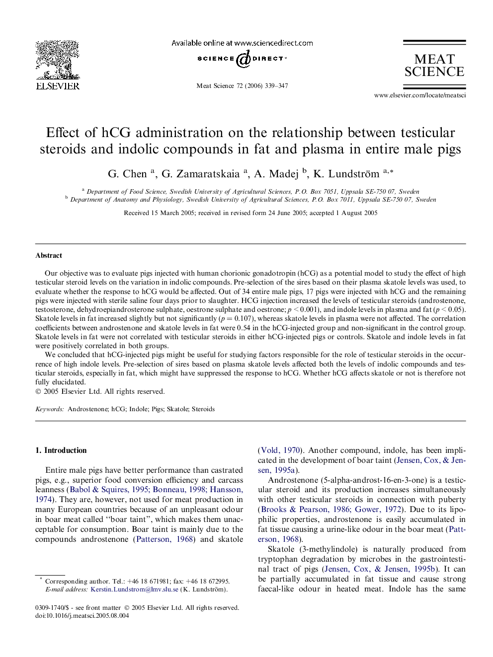 Effect of hCG administration on the relationship between testicular steroids and indolic compounds in fat and plasma in entire male pigs