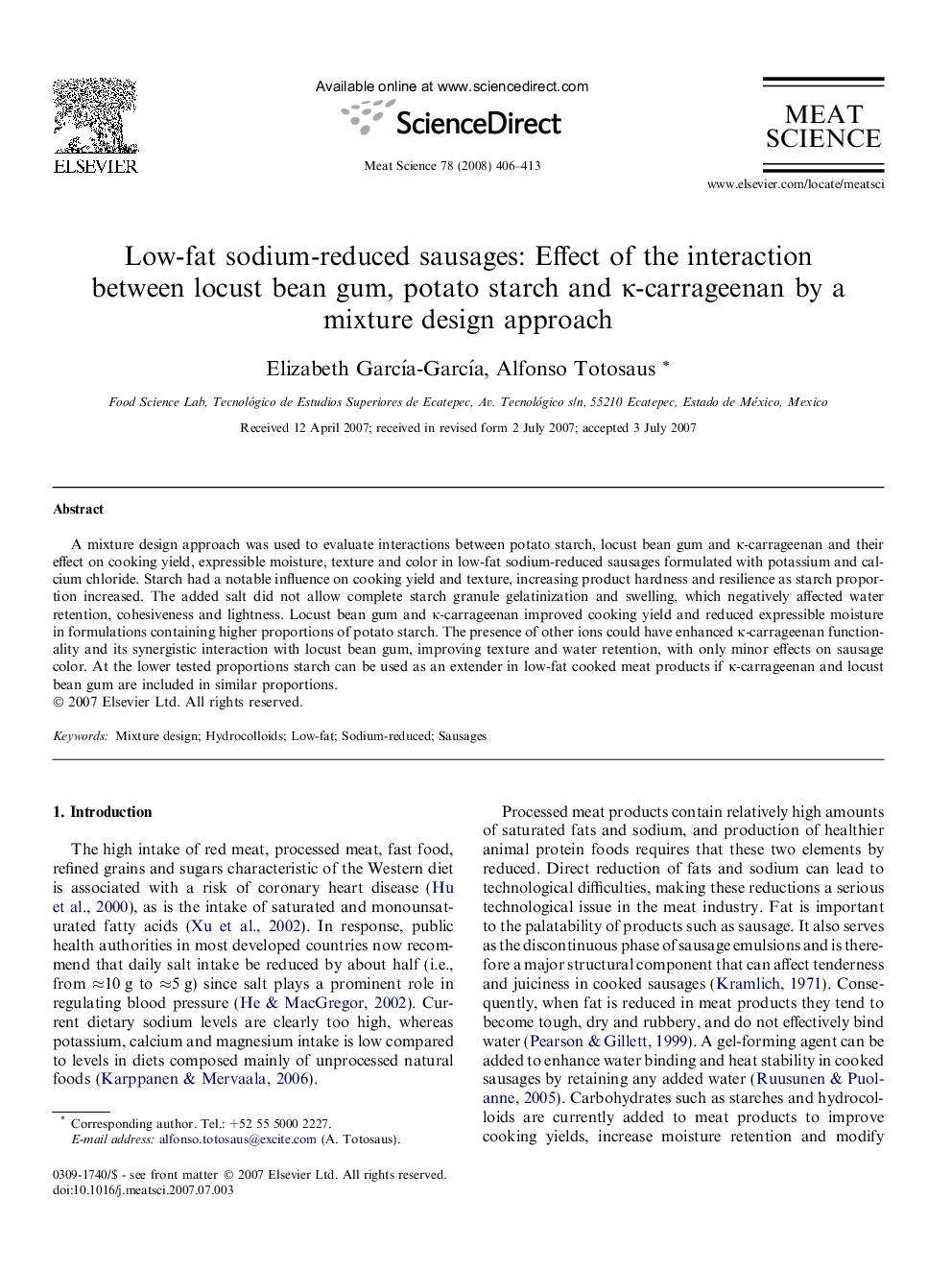 Low-fat sodium-reduced sausages: Effect of the interaction between locust bean gum, potato starch and κ-carrageenan by a mixture design approach