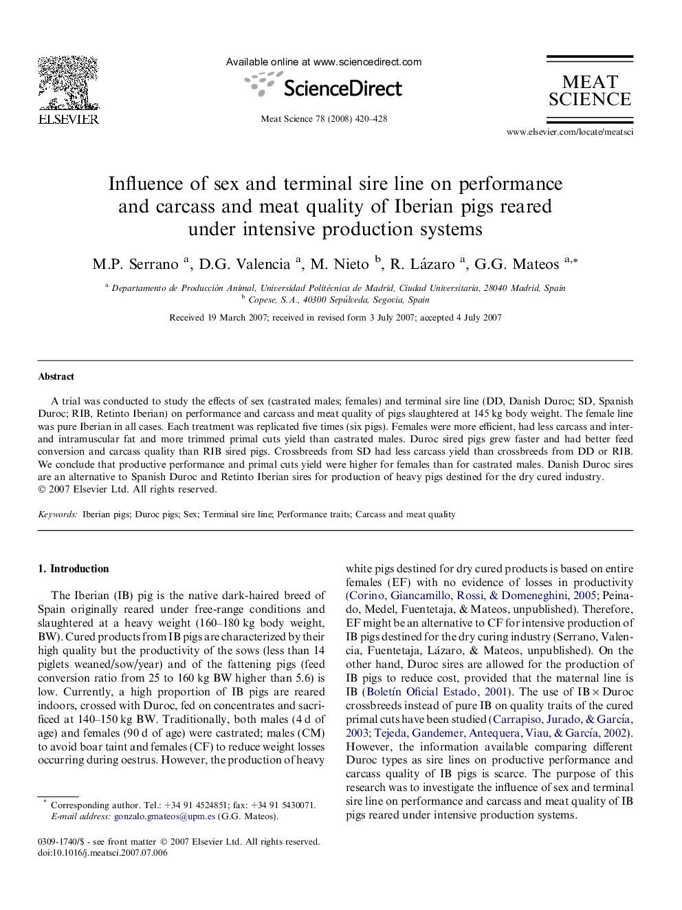 Influence of sex and terminal sire line on performance and carcass and meat quality of Iberian pigs reared under intensive production systems