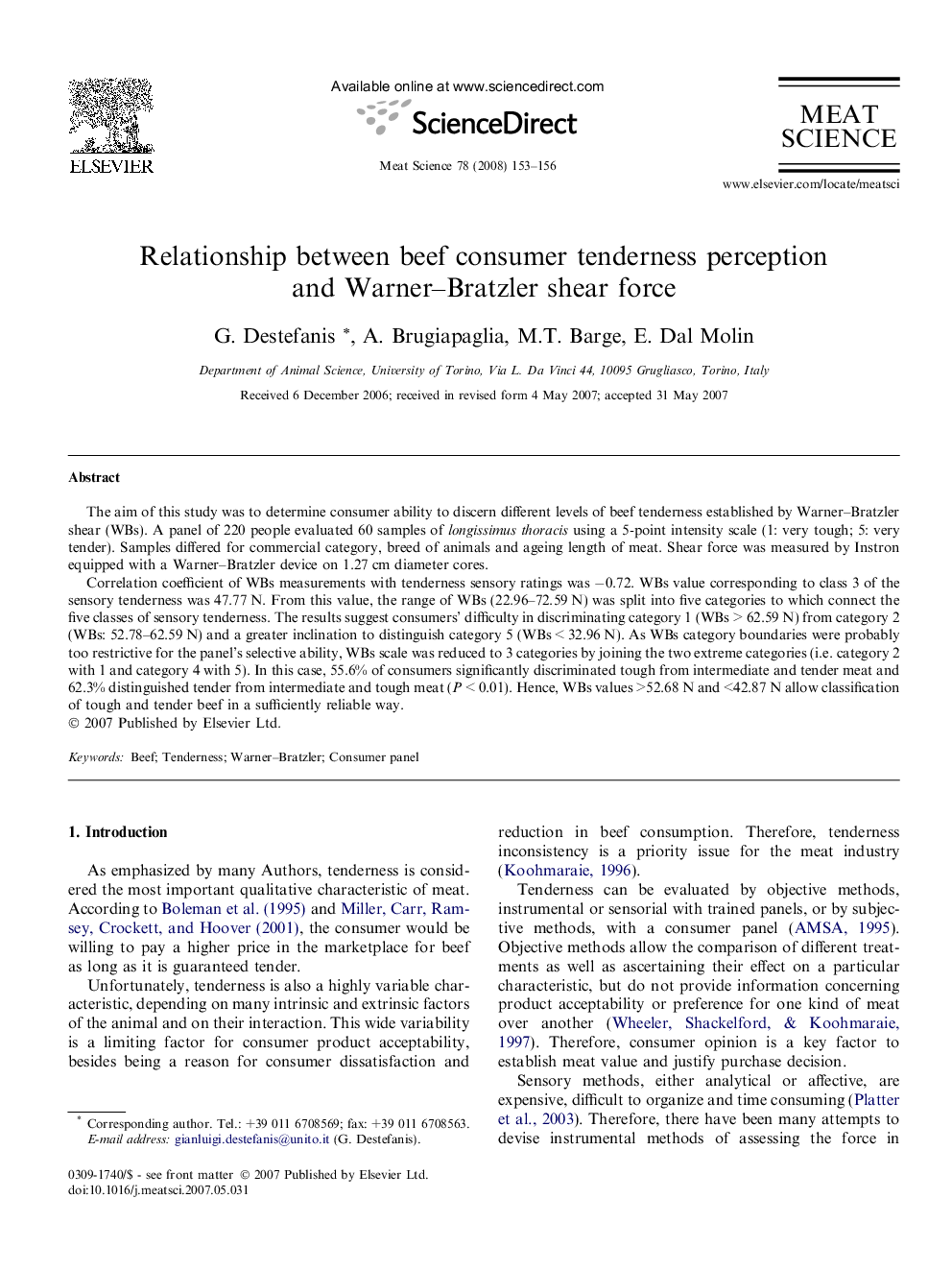 Relationship between beef consumer tenderness perception and Warner–Bratzler shear force