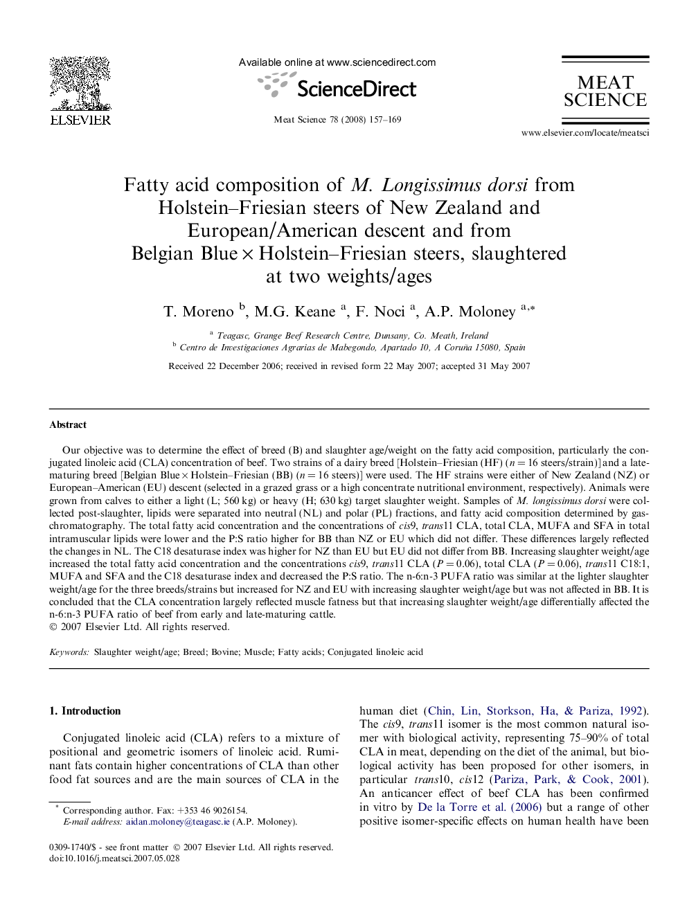 عکس صفحه اول مقاله: Fatty acid composition of M. Longissimus dorsi from Holstein–Friesian steers of New Zealand and European/American descent and from Belgian Blue × Holstein–Friesian steers, slaughtered at two weights/ages Fatty acid composition of M. Longissimus dorsi from Holstein–Friesian steers of New Zealand and European/American descent and from Belgian Blue × Holstein–Friesian steers, slaughtered at two weights/ages
