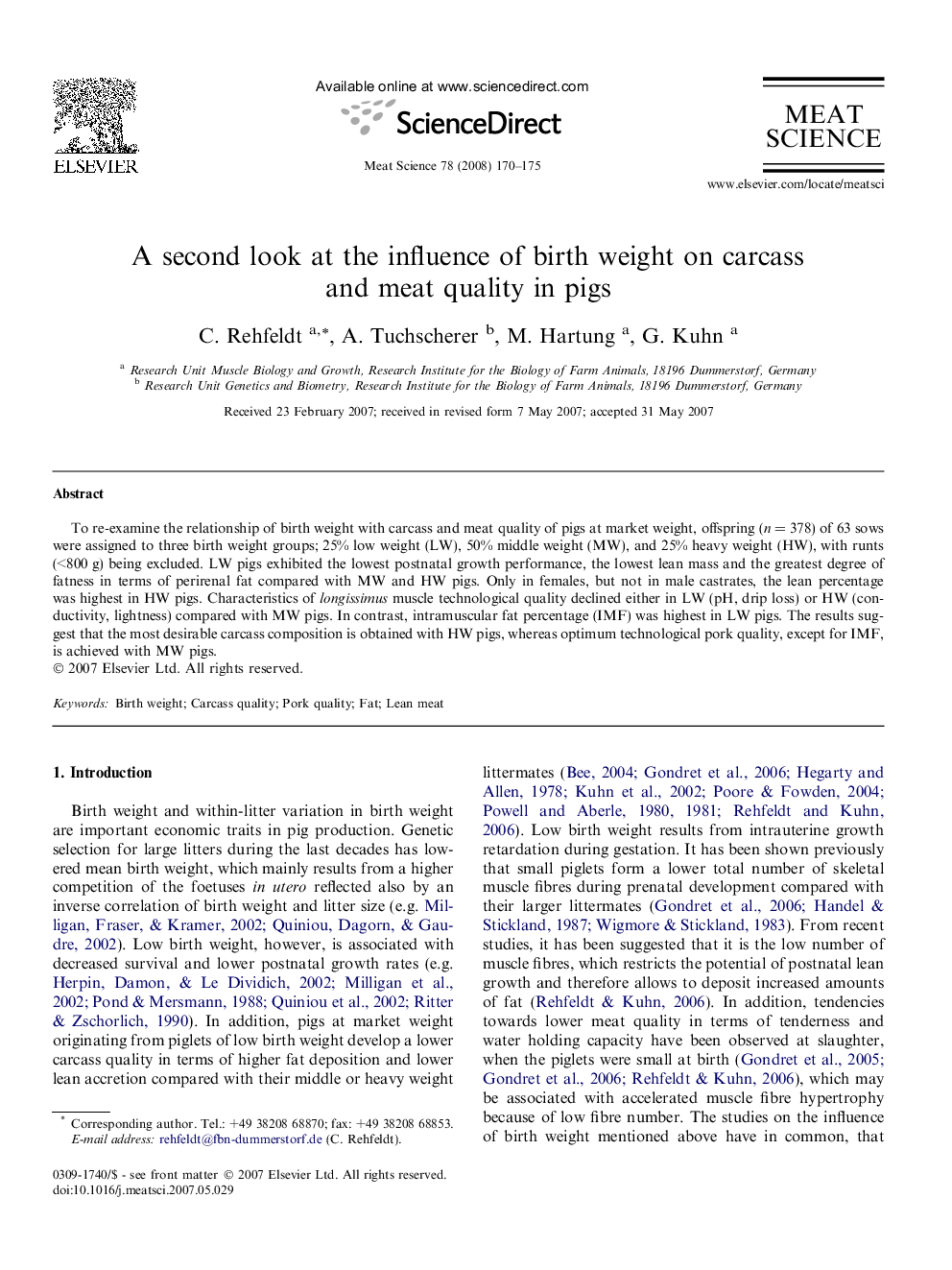 A second look at the influence of birth weight on carcass and meat quality in pigs