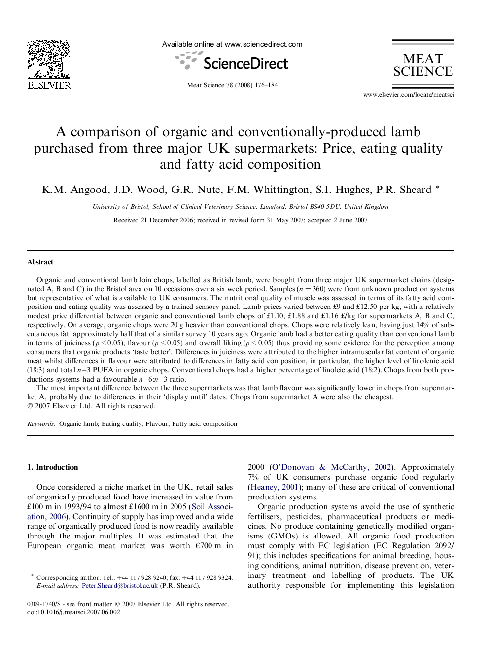 A comparison of organic and conventionally-produced lamb purchased from three major UK supermarkets: Price, eating quality and fatty acid composition