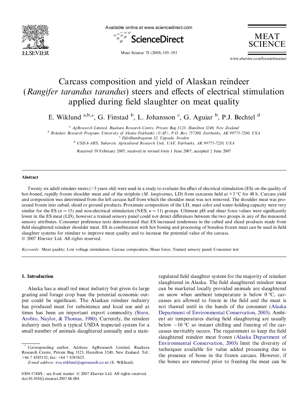 Carcass composition and yield of Alaskan reindeer (Rangifer tarandus tarandus) steers and effects of electrical stimulation applied during field slaughter on meat quality